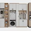 Modern Bathroom Cabinetry With Washing Machine Storage Shelves And Countertop Sink