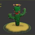 Cartoon Cactus With Pink Flower On Head Happy Expression Yellow Sand Under