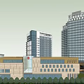 Twin Modern Office Buildings With Glass Facade Red Accents And Signage