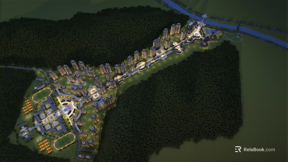 Aerial View Urban Planning With High Rise Buildings Green Areas And River 3d model 