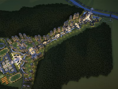 Aerial View Urban Planning With High Rise Buildings Green Areas And River 3d model