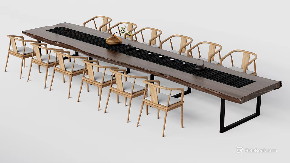Natural Wooden Tea Table Set With Long Tabletop Multiple Chairs And Decorative Bowl 3d model 