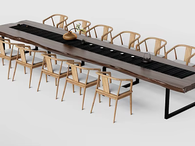 Natural Wooden Tea Table Set With Long Tabletop Multiple Chairs And Decorative Bowl 3d model