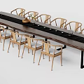 Natural Wooden Tea Table Set With Long Tabletop Multiple Chairs And Decorative Bowl