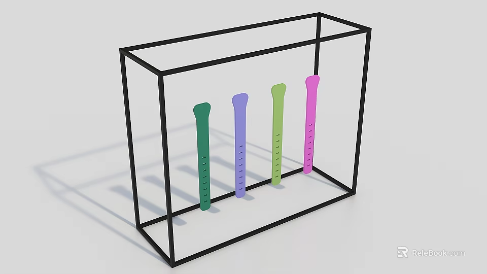 Transparent Display Case With Black Frame Holding Four Colorful Strip Objects 3d model 