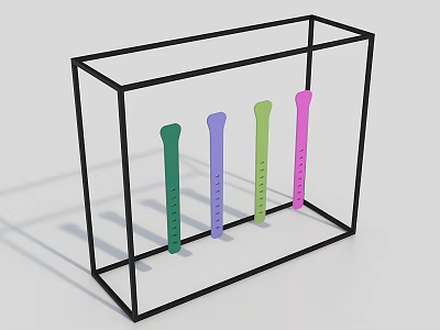 Transparent Display Case With Black Frame Holding Four Colorful Strip Objects 3d model