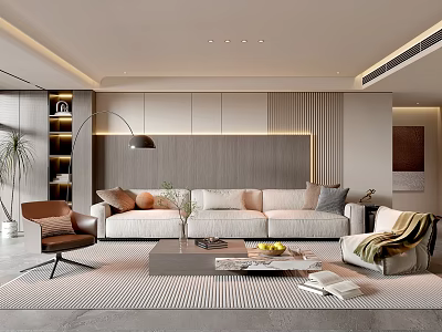 Modern Minimalist Living Room With Light Beige Sofa Brown Armchair And Coffee Table 3d model
