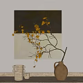 Brown Ceramic Vase with Yellow Leaf Branches and Wall Art for Interior Decor 3d model