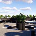Outdoor Terrace With Circular Woven Structure Lush Green Plants Bench And Round Table For Relaxation