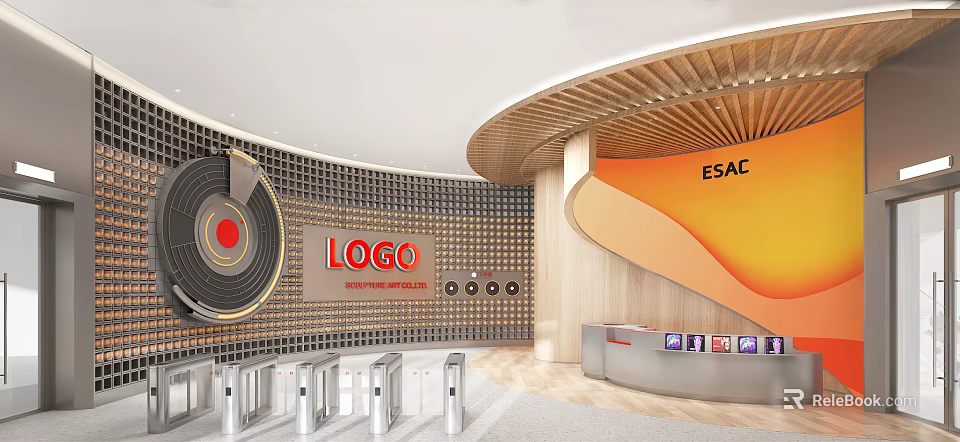 Modern Reception Area Interior Design With Logo Wall And Turnstiles At ESAC 3d model 