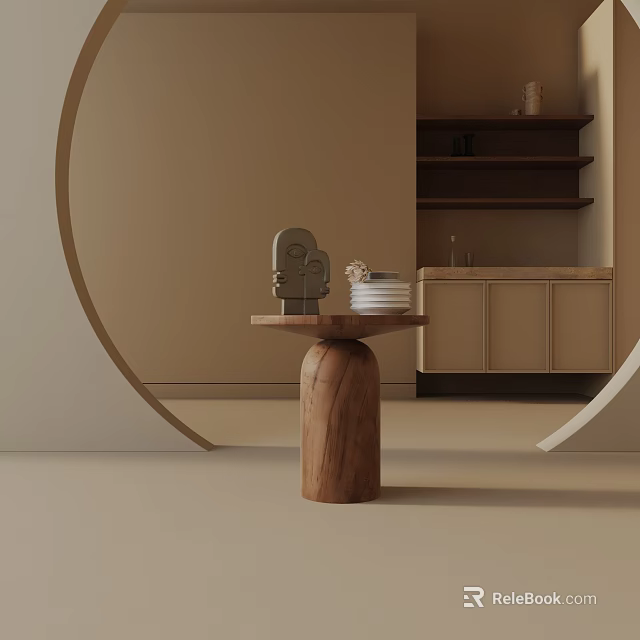 Modern Minimalist Interior Design With Wooden Pedestal Side Table And Decorative Items 3d model