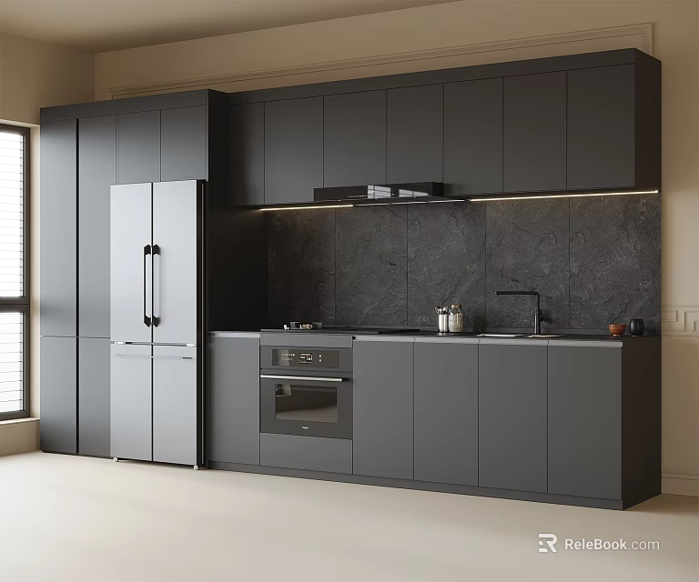 Modern Grey Kitchen Sideboard With Refrigerator Oven Black Wall And Window Interior 3d model 