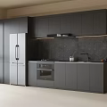 Modern Grey Kitchen Sideboard With Refrigerator Oven Black Wall And Window Interior