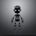 Small Metallic Robot With Silver Black Body And Glowing Eyes Standing On Dark Background