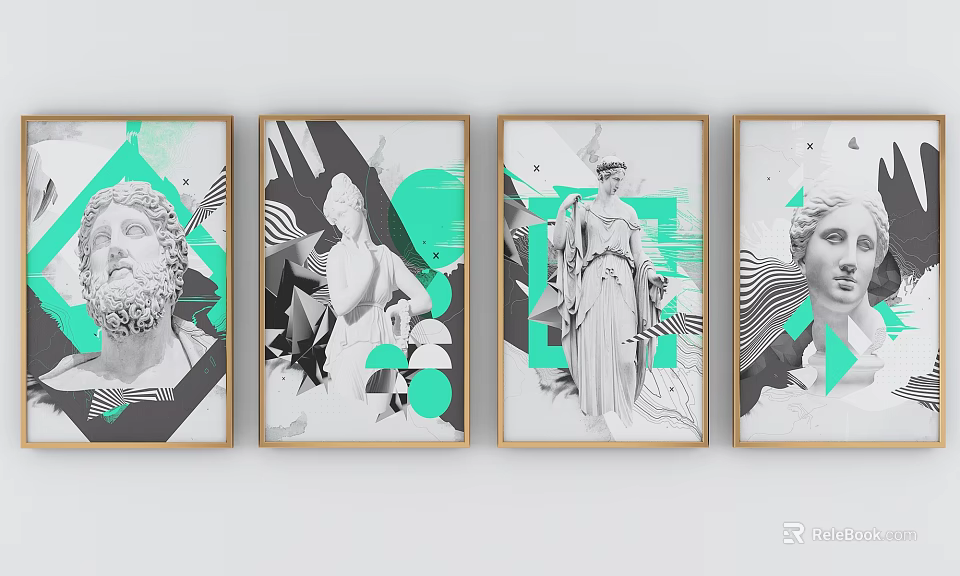 Modern Figurative Paintings With Greek Sculpture Portraits Geometric Shapes And Green Accents In Golden Frames 3d model 