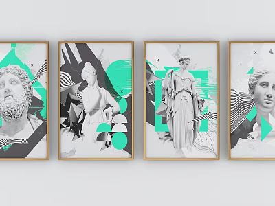 Modern Figurative Paintings With Greek Sculpture Portraits Geometric Shapes And Green Accents In Golden Frames 3d model