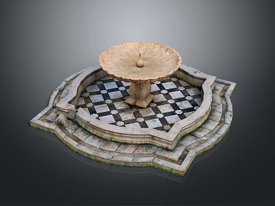 Elegant Stone Fountain Featuring Circular Basin And Black White Checkered Platform 3d model