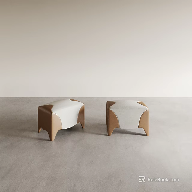 Two Modern Stools with Brown Frame and White Cushion on Grey Floor with Light Background 3d model 