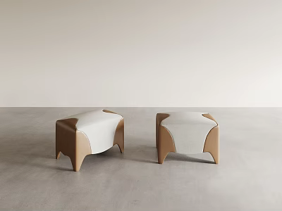 Two Modern Stools with Brown Frame and White Cushion on Grey Floor with Light Background 3d model