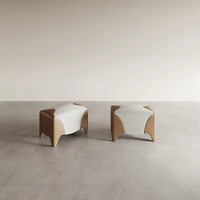 Two Modern Stools with Brown Frame and White Cushion on Grey Floor with Light Background 3d model