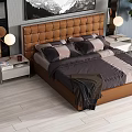 Double Bed With Brown Tufted Headboard Nightstands Lamps Wall Art And Potted Plant In Background