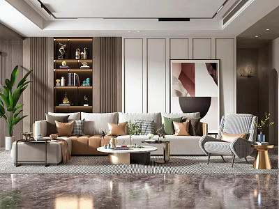 Modern Living Room Interior With Beige Sofa Coffee Table Gray Rug Green Plant Abstract Artwork 3d model
