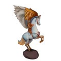 Decorative Winged Horse Statue With Golden Wings White Body Standing On Brown Base