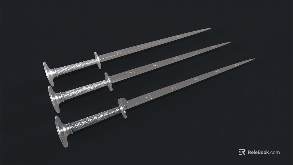 Three Silver Swords with Intricate Patterned Hilts and Long Sharp Blades on Black Background 3d model 
