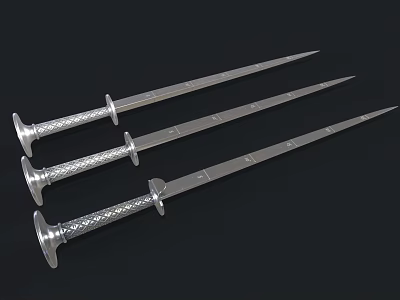 Three Silver Swords with Intricate Patterned Hilts and Long Sharp Blades on Black Background 3d model