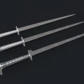 Three Silver Swords with Intricate Patterned Hilts and Long Sharp Blades on Black Background