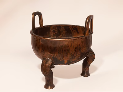 Traditional Bronze Colored Ceramic Vessel With Three Legs And Two Handles 3d model