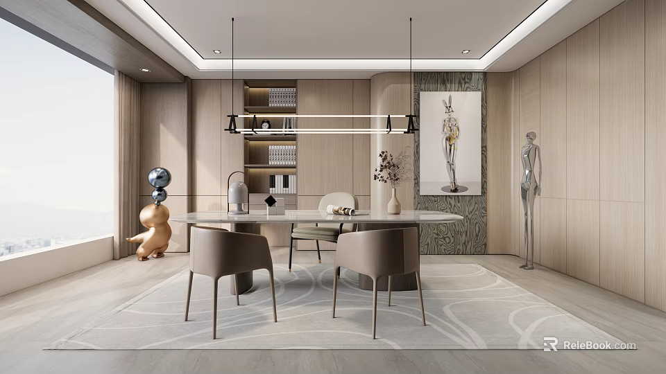 Modern Study Room Interior With Wooden Furniture And Art Decorations 3d model 