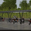 Outdoor Charging Station With Canopy For Parked Motorcycles And Bicycles Near Trees