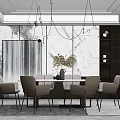 Modern Dining Table Set With Pendant Lights Marble Wall And Comfortable Chairs 3d model