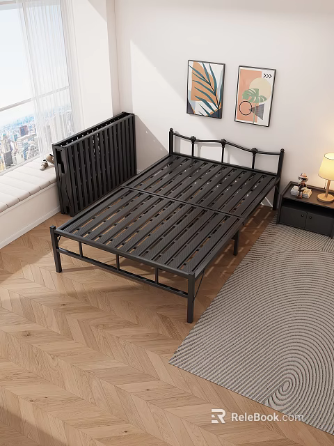 Folding Bed with Black Metal Frame in Modern Bedroom Wooden Floor and Nightstand 3d model 