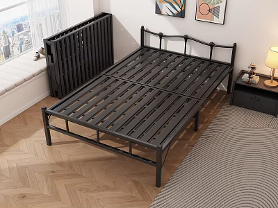 Folding Bed with Black Metal Frame in Modern Bedroom Wooden Floor and Nightstand 3d model