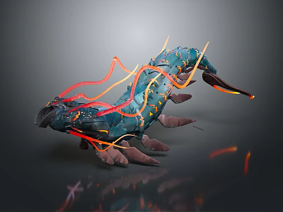 Game Movie Monster Character with Blue Body Yellow Spots Red Orange Glowing Lines and Legs 3d model