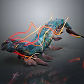Game Movie Monster Character with Blue Body Yellow Spots Red Orange Glowing Lines and Legs