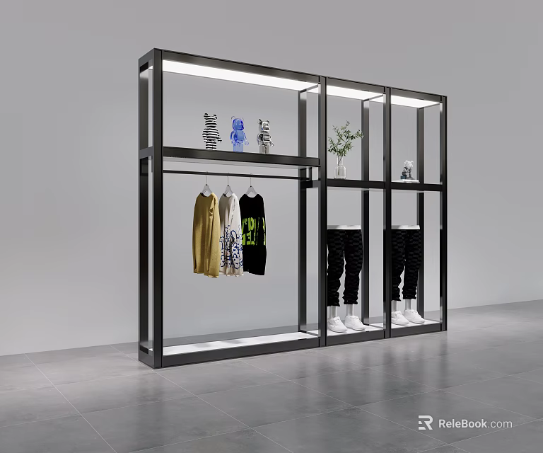 Modern Minimalist Clothing Display Rack With Hanging Garments And Decorative Plants 3d model 