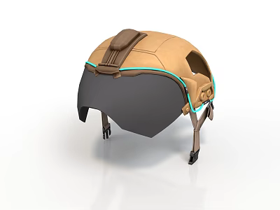 Tactical Weapon Helmet In Brown Color With Green Accents Visor And Modern Straps 3d model