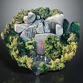Wood and Stone Landscape Model with Green Trees and Natural Scenery