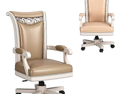 Elegant Beige Leather Office Chair With Carved Backrest And Rolling Wheels 3d model