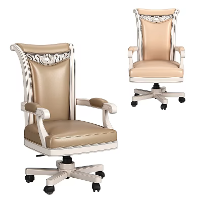 Elegant Beige Leather Office Chair With Carved Backrest And Rolling Wheels 3d model