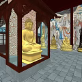 Chinese Buddhist Temple Interior Featuring Golden Buddha Statues Glass Shrine And Traditional Murals