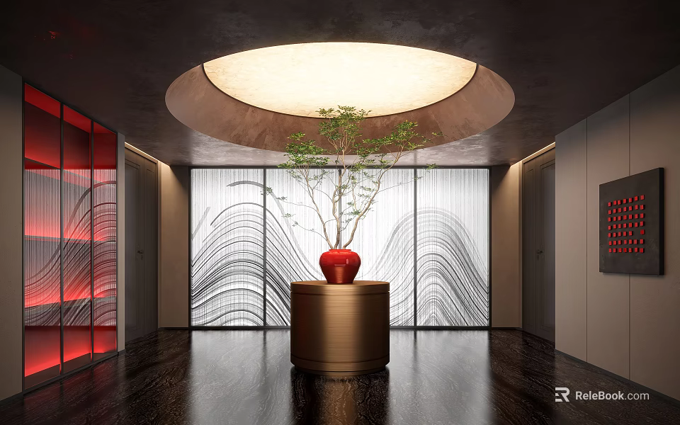 Modern Hotel Corridor Interior With Circular Ceiling Light Red Vase Plant And Wavy Decorative Wall 3d model 