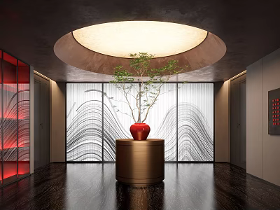 Modern Hotel Corridor Interior With Circular Ceiling Light Red Vase Plant And Wavy Decorative Wall 3d model