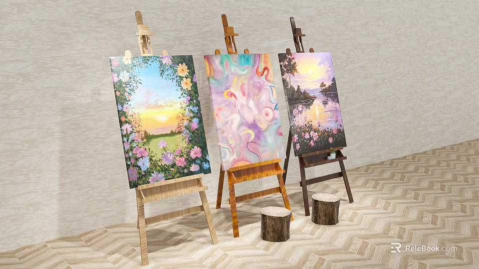 Decorative Ornament Set With Wooden Easels Stumps And Colorful Artworks Featuring Flowers Sunset Unicorn 3d model 