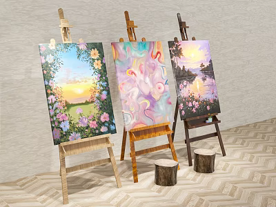 Decorative Ornament Set With Wooden Easels Stumps And Colorful Artworks Featuring Flowers Sunset Unicorn 3d model