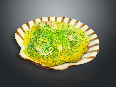 Creamy Yellow Savory Dish Served in Shell Shaped Plate Topped with Green Seasoning and White Chunks 3d model