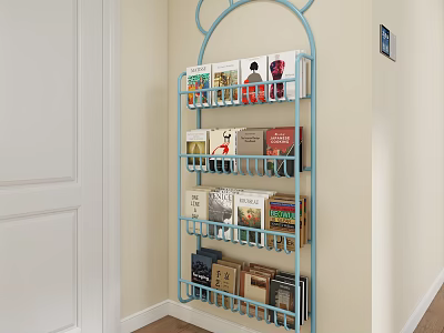Blue Corner Shelf Unit In Living Room With Multiple Layers For Books 3d model
